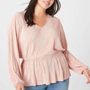 26/28 (4X) • Lane Bryant • Satin Peplum Plissé Pink Blouson Sleeve Blouse